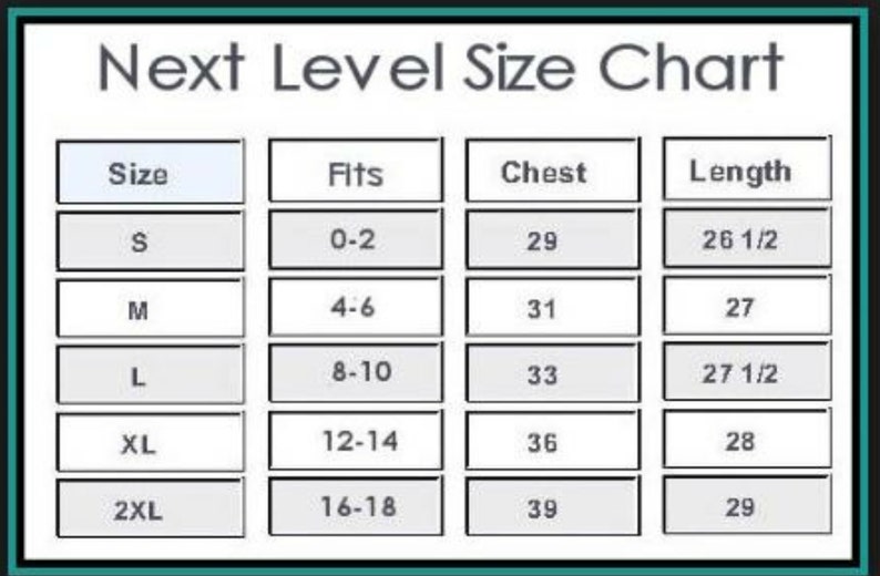 May include: Size chart for clothing with columns for size, fits, chest, and length. The chart shows sizes S, M, L, XL, and 2XL with corresponding measurements in inches.
