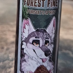 May include: A blue bottle of "Forest Pine" fursuit spray featuring a wolf illustration and a pine cone on the label.
