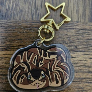 May include: A clear acrylic keychain featuring a cartoon snake with brown, black and white stripes. The snake has green eyes and a pink tongue. The keychain has a gold star-shaped clasp.