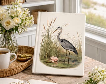 Heron Illustration Journal Writing Notebook Hardcover Design Bird Diary Cream Pages Perforated Binding Sewn Flat Opening Book Wildlife
