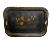 Antique Tole Painted Tray, Handpainted Ottoman Coffee Table, Shabby Cottage Art. Farmhouse Decor, VIntage Serving Tray