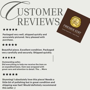 May include: Image displaying customer reviews with five-star ratings. Text includes comments such as "Packaged very well" and "Excellent condition." A brown square with "FIRESIDE EDIT small luxuries + rare finds" is in the upper right.