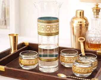 Vintage Culver Cocktail Set, 22K Gold Greek Key Pitcher and Glasses, MCM Barcart