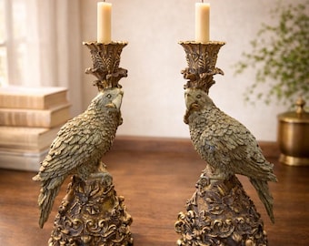 Pair of Parrot Candlesticks Vintage Home Decor by Dick Hsiao in 1960s Parrothead Fan Gift Resin Candle Holders Decorative Collectible