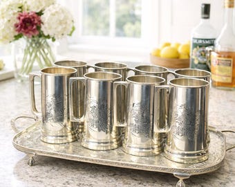 Vintage Silver-Plated Stein Set: Etched Japanese Tankards, Occupied Japan Barware