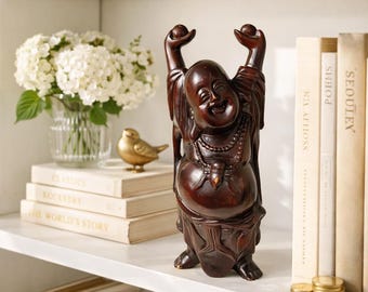 Vintage Handcarved Rosewood Laughing Buddha Statue, 18" Feng Shui Decor