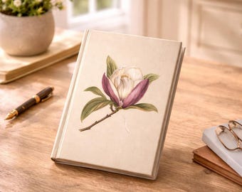 Magnolia Flower Journal Writing Diary Daily Reflection Book Notes Hardcover Notebook Lined Pages Perforated Design Botanical Illustration