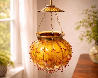 Vintage Amber Glass Hundi Lantern: Beaded Brass Cage, Boho Pendant Light