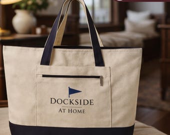 Dockside at Home Canvas Tote, Personalized Zippered Boat Bag, Navy Natural Coastal Market Tote, Yacht Club Gift, Burgee Blue Monogram Bag