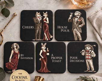 Animal Drink Coaster Set Gift Hostess Party Bar Accessory Home Entertaining Cocktail Barware Vintage Illustration Fox Rabbit Hedgehog Design