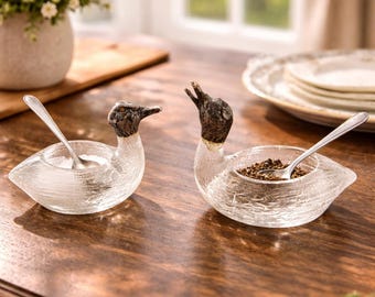 Vintage Glass Duck Salt Cellars with Silver Spoons, Pewter Head Open Salts