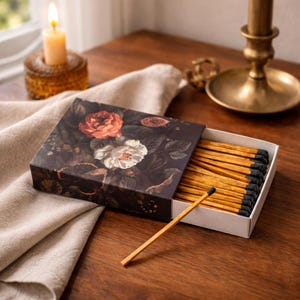 May include: A decorative matchbox with a floral design featuring red and white roses. The box is open, revealing a row of wooden matches with black tips. A lit candle and brass candlestick are in the background.