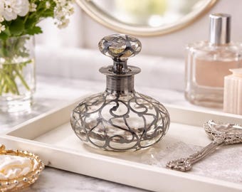Vintage Perfume Bottle Sterling Silver Overlay Design Art Nouveau Crystal Stopper Glass Decor Vanity Display Piece Collectible Bathroom
