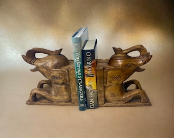 Vintage Hand Carved Wooden Elephant Bookends Mid Century Wood Decor Office Decor, Book Holder Accessory Figural Book Holder Trunks up