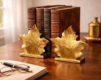 Solid Brass Maple Leaf Bookends - Mid Century Modern Library Decor