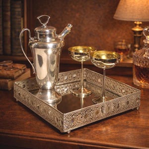 May include: A silver cocktail shaker, two gold-rimmed champagne glasses, and a decorative silver tray. The tray has a mirrored surface and an ornate, openwork design. The items are arranged on a dark wooden surface.