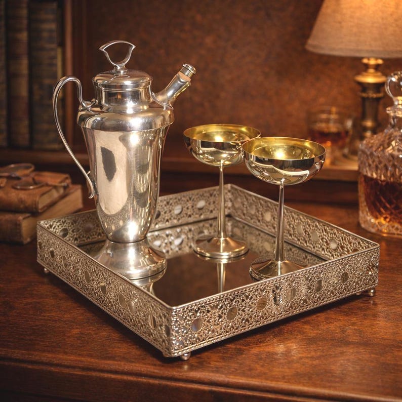May include: A silver cocktail shaker, two gold-rimmed champagne glasses, and a decorative silver tray. The tray has a mirrored surface and an ornate, openwork design. The items are arranged on a dark wooden surface.