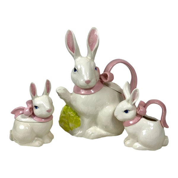 Bunny Rabbit Tea Set, Rabbit Teapot, Lidded Sugar Dish, Creamer, Cottagecore, Farmhouse Decor, English Tea Party, Collectible Rabbits