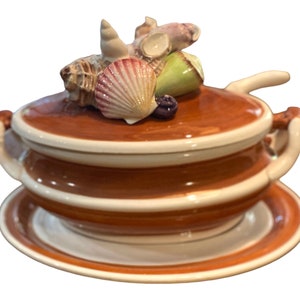 Vintage Ceramic Soup Tureen with Ladle and Underplate Tray featuring 3D Seashells, Beach House Decor Gift for Cook, Unique Serving Bowl