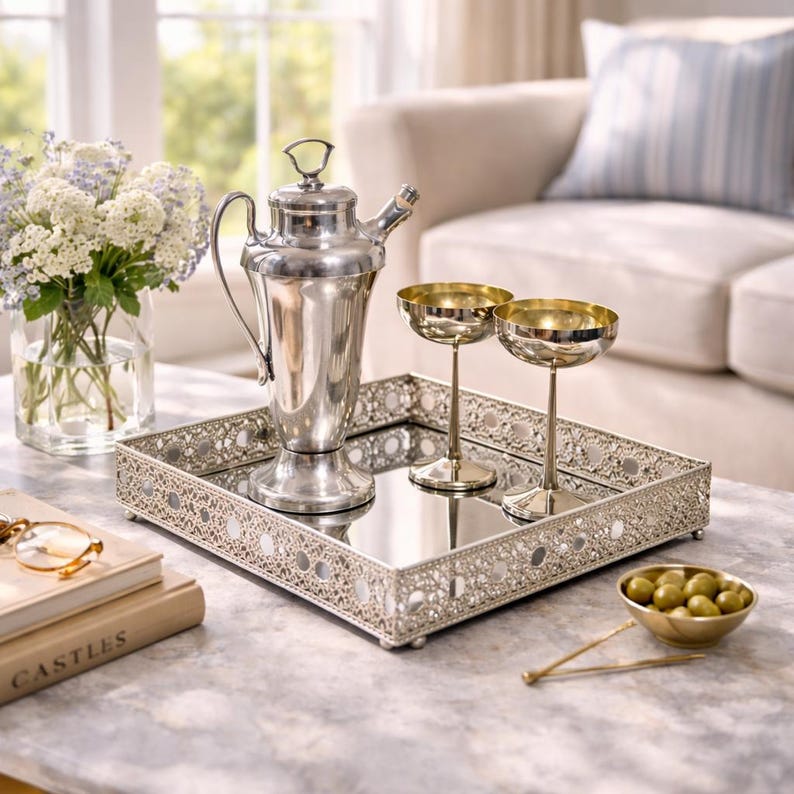 May include: A silver cocktail shaker, two gold-rimmed champagne glasses, and a decorative silver tray with a mirrored surface. The tray holds the glasses and shaker, with a small bowl of olives nearby. A vase of flowers sits in the background.