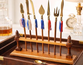 Set of 7 Asian Polearm Weapons on Display Rack Wooden Stand Collectible Miniature Asian Weapons Letter Openers Home Decor Unique Stir sticks