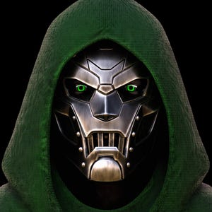 May include: A close-up of a metal mask with green glowing eyes. The mask is worn by a person with a green hooded cloak.