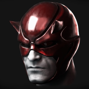 May include: A red, glossy mask with horns, resembling the Daredevil character. The mask covers the eyes and part of the face, with a white, sculpted face underneath.