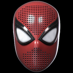 Op de afbeelding: Een rood en zwart Spider-Man-masker met een zwart gaasontwerp en witte ogen.