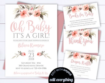 Floral Baby Shower Invitation Template - Floral Watercolor Baby Shower Invite - Girl Baby Shower Flower Invitation - Its a girl Baby Shower
