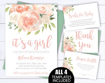 Pink Floral Baby Shower Invitation Template Watercolor Baby Shower Invite Girl Baby Shower Flower Invitation Pink Its a girl Baby Shower