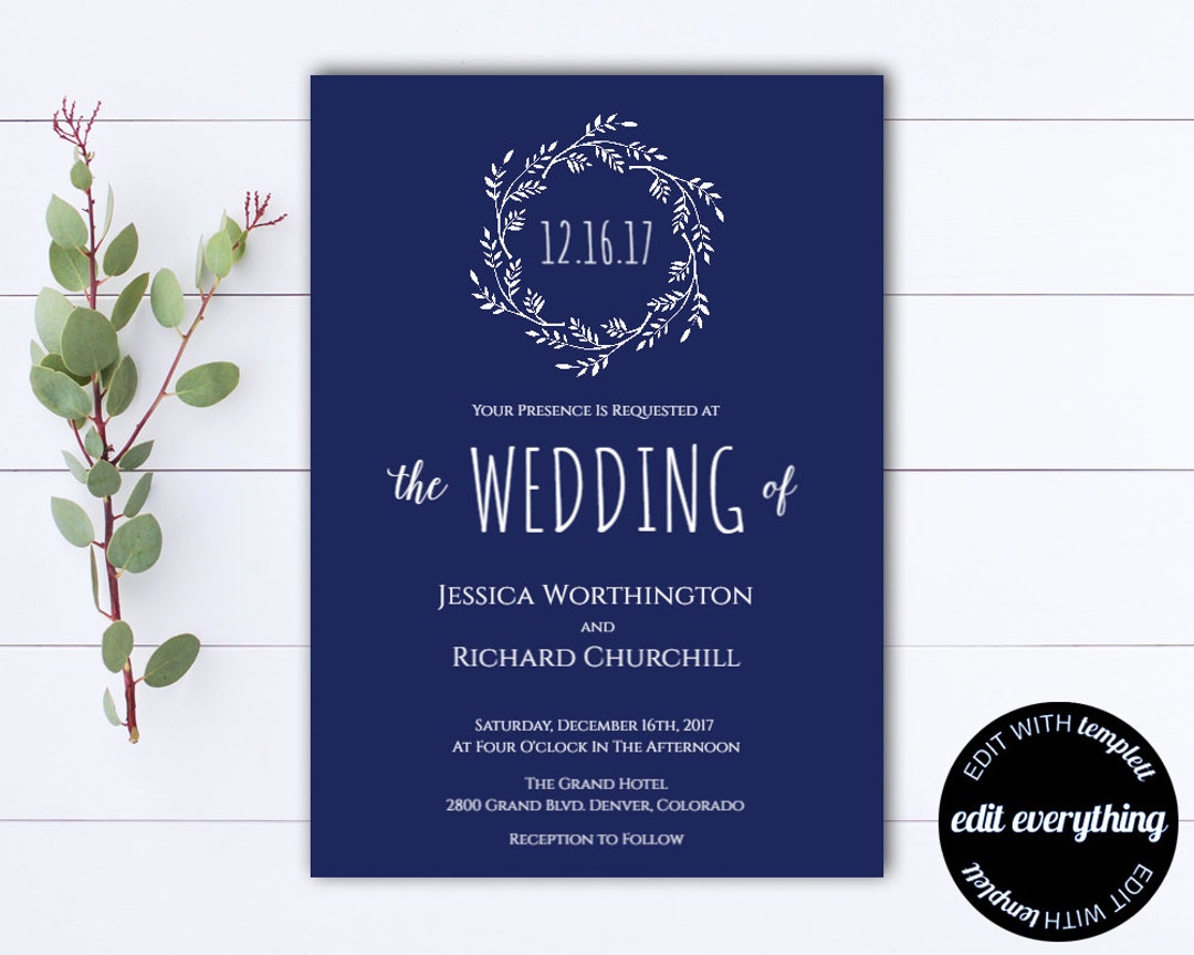 Navy Blue Wedding Invitation Template - Instant Download Printable ...