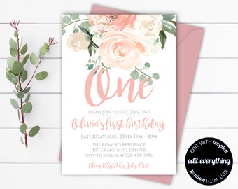 Pfirsich Blumen Erster Geburtstag Einladung Vorlage Rosa Blumen 1. Geburtstag Einladung Erster Geburtstag Mädchen Erster Geburtstag Invite Girl Birthday