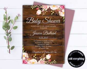 Plantilla de invitación de baby shower floral - Plantillas de baby shower floral - Descarga instantánea de invitaciones de baby shower para niñas - Baby shower editable
