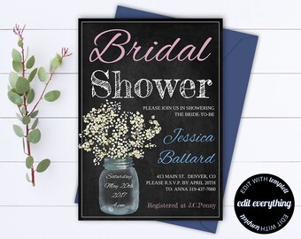 Country Bridal Shower Invitation - Mason Jar Bridal Shower Invite - Baby's Breath Printable Invite - Rustic Bridal Shower Invite - Mason Jar