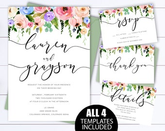 Sjabloon voor wilde bloemen bruiloft uitnodiging Botanische huwelijksuitnodigingen Bloemen bruiloft uitnodiging sjabloon Wilde bloemen bruiloft uitnodiging