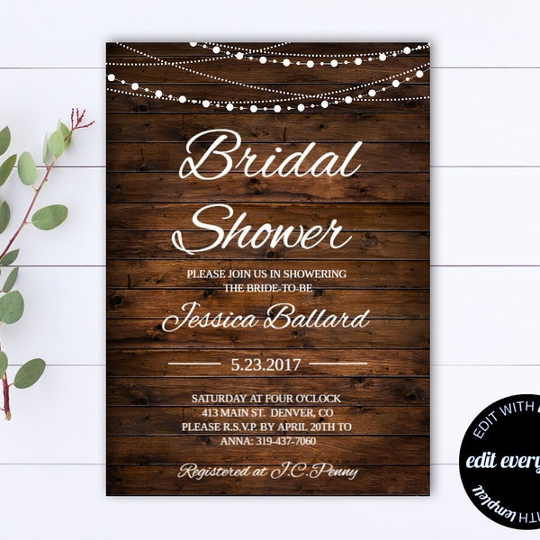 Country Bridal Shower Invitation Template - Rustic Bridal Shower Invite - Instant Download - Barn Wedding Shower - Printable Invitation