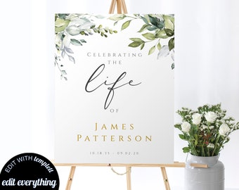 Editable Greenery Celebration of Life Welcome Sign Editable Celebration of Life Sign Celebration of Life Funeral Sign Printable Funeral FT02