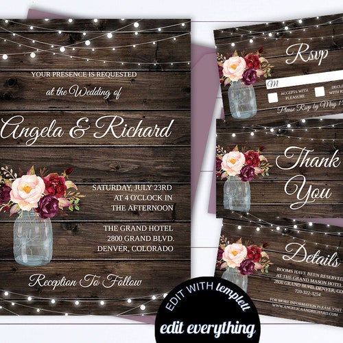 Printable Rustic Wedding Invitation Country Rustic Wedding - Etsy
