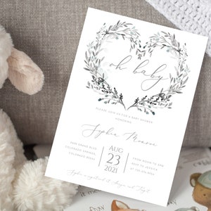 Editable Oh Baby Greenery Baby Shower Invitation Template Heart Baby Shower Invite Gender Neutral Baby Shower Invitation Oh Baby Invite