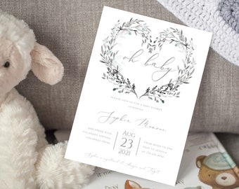 Editable Oh Baby Greenery Baby Shower Invitation Template Heart Baby Shower Invite Gender Neutral Baby Shower Invitation Oh Baby Invite