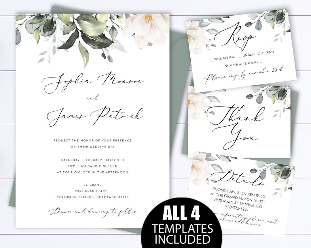 White Floral Wedding Invitation Templates Magnolia Wedding Invitations Printable Wedding Invite