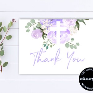 Purple Floral Baptism Thank You Card Thank You Template Printable Thank You Wedding Thank You Thank You Cards Instant Download DIY Thank You