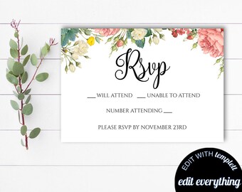Plantilla de tarjeta RSVP Tarjeta de respuesta RSVP de boda Tarjetas RSVP Boda Imprimible Rsvp Respuesta de boda Plantilla de tarjeta Rsvp floral