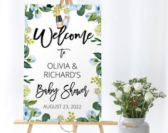 Botellas Poppin florales editables Baby Shower Signo de bienvenida Botellas Poppin florales azules Signo de bienvenida Signo de baby shower de bienvenida imprimible
