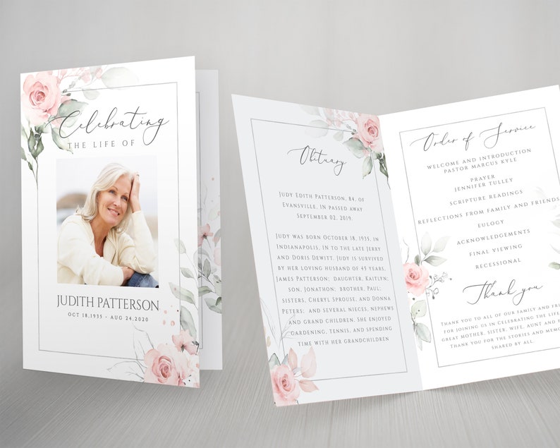 May include: A funeral program with a floral design featuring pink roses and green leaves. The program includes the name Judith Patterson, dates of birth and death, and an obituary. The order of service is also listed.