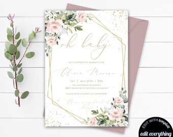 Blush Floral Oh Baby Shower Invitation Template Floral Geometric Baby Shower Invitation Editable Oh Baby Invitation Girl Baby Shower Invite