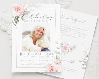 May include: A memorial card with a watercolor floral design in shades of pink and green. The card features a photo of a woman, the text "Celebrating the Life of Judith Patterson", and the dates "Oct 18, 1937 - Aug 24, 2022". The card also includes the text "Sunday, August 23rd, 2024 at 11am", "New Life Church", and "383 Hudson Dr Denver, CO 9460".