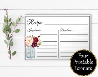 Bridal Shower Recipe Cards - Printable Bridal Recipe Card - Printable Recipe Template - Floral Recipe Card - Cooking Recipe Card Template