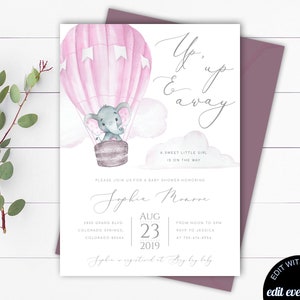 Elephant Hot Air Balloon Baby Shower Invitation Template Up Up and Away Hot Air Balloon Invitation Editable Baby Girl Baby Shower Invite