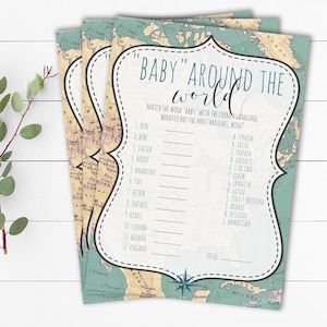 Abenteuer erwartet Baby auf der ganzen Welt Baby-Dusche-Spiele Baby Baby in Sprachen auf der ganzen Welt Baby-Dusche-Spiele Reise-Baby-Dusche-Spiele
